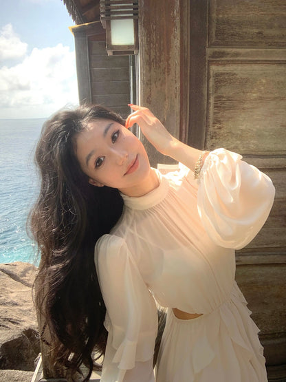 Beach Style Chiffon Y2k Mini Dress Office Lady Casual Long Sleeve Elegant One Piece Dress Korean Fashion Clothing Summer 2023