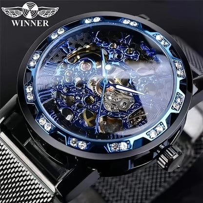 1 Piece of Men's Fashion Manual Mechanical Watch with Diamond Inlay, Hollow Design Mesh Strap Watch, Stylish and Versatile, Handsome Men's Student Wristwatch, High Appearance Value, First Choice for Gift Giving, No Battery Re
