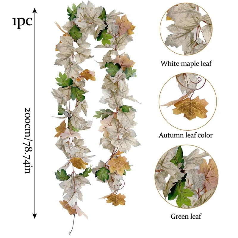 2M Artificial Maple Leaf Garland Thanksgiving Christmas Hanging Wall Decor Fake Fallen Leaves Autumn Decor Rattan Wedding Props