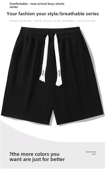 Sports shorts for men in summer  thin ice silk quick drying five quarter pants  fashionable waffle style drawstring shorts