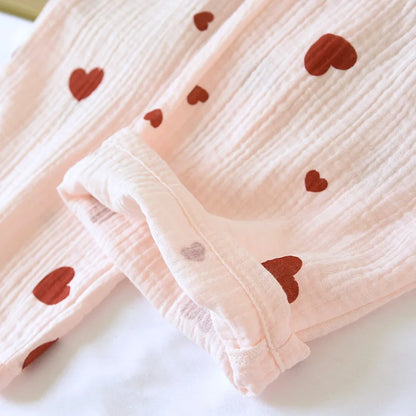 2025 New Spring and Autumn Women's Pajama Set 100% Cotton Crepe Long Sleeve Long Pants Two Piece Set Love Sweet Home Clothes