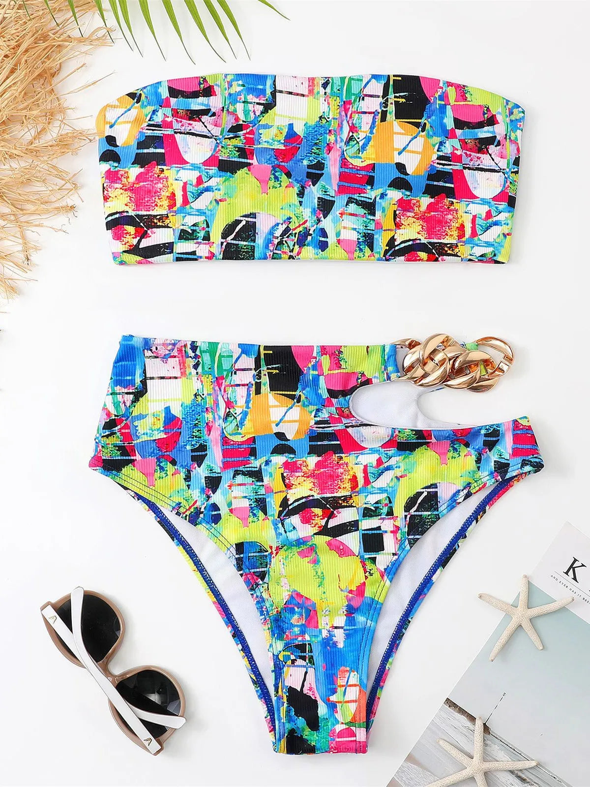Bandeau Bikini 2024 Women Sexy White Black Cut Out Metal High Waist Swimsuit Female Off Shoulder Bathing Suit Swimwear Beachwear