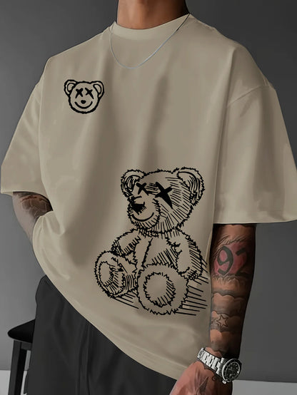 Summer men's 100% pure cotton casual sports loose and fashionable cartoon bear pattern printed round neck short sleeved T-shirt