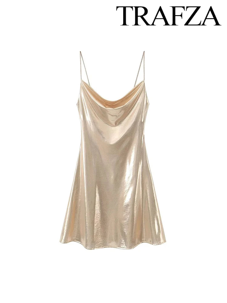 TRAF Women's Metallic Colour Glitter Dress Sexy Backless Sleeveless Spaghetti Strap Dresses Party Bar Sleeveless Short Dresses