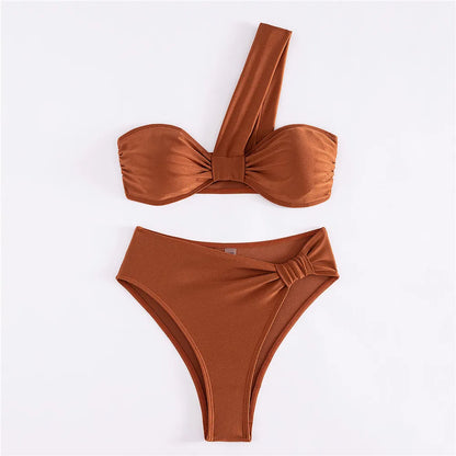 Brown One Shoulder Bikini High Waist Sexy Swimsuit Women 2025 Solid Swimwears Bathing Suit Bandeau Bikinis Sets De Mujer Biquini