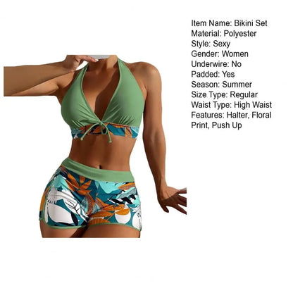 2Pcs/Set Bikinis Set Bowknot Decor Floral Print Bikini Backless Halter Bra High Waist Beachwear Female Beach Clothing
