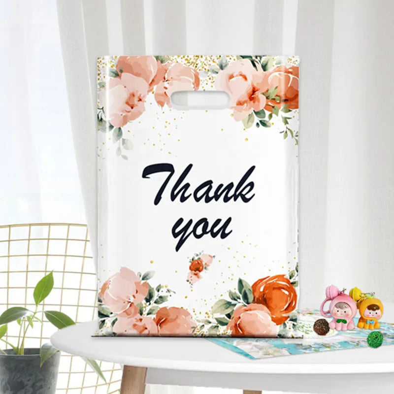 Thank You Flower Gift Bags For Small Business Plastic Shopping Bag Wedding Birthday Present Package Storage With Handle 10PCS
