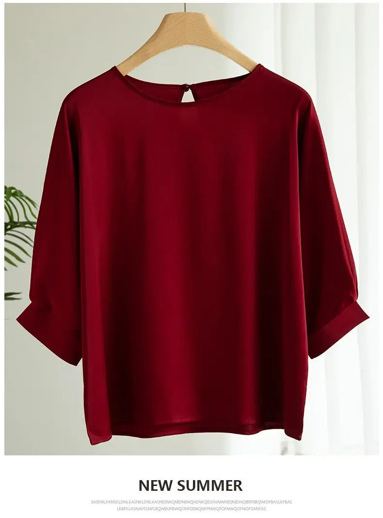 2025 New In Summer Satin Silk Half-Sleeve Tee Tops Basic Solid Women‘s T-Shirt Casual O-neck Thin Shirts Ladies Loose Blouses