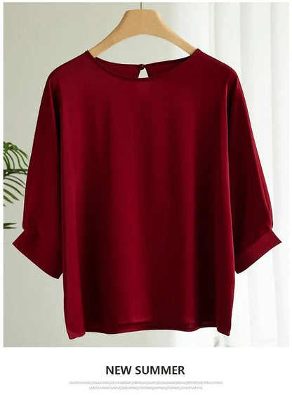 2025 New In Summer Satin Silk Half-Sleeve Tee Tops Basic Solid Women‘s T-Shirt Casual O-neck Thin Shirts Ladies Loose Blouses