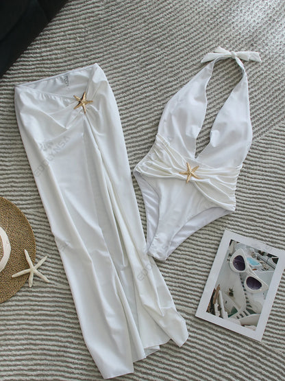 2 Piece Swimsuits for Elegant Women Starfish One Piece Bathing Suits with High Split Skirt Cover ups Sexy Halter Bikini Sets K59