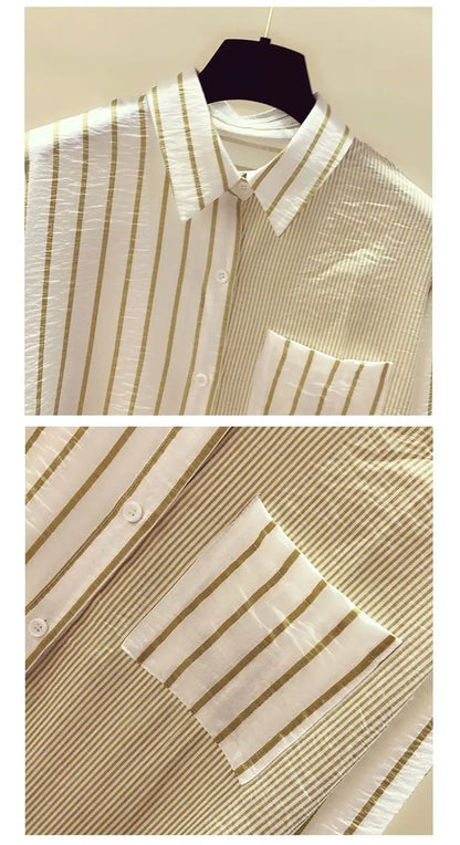2025 Korean Summer Thin Trendy Striped Women's Shirt & Blouses Patchwork Pocket Loose Casual Office Lady Shirt Sweet Women's Top