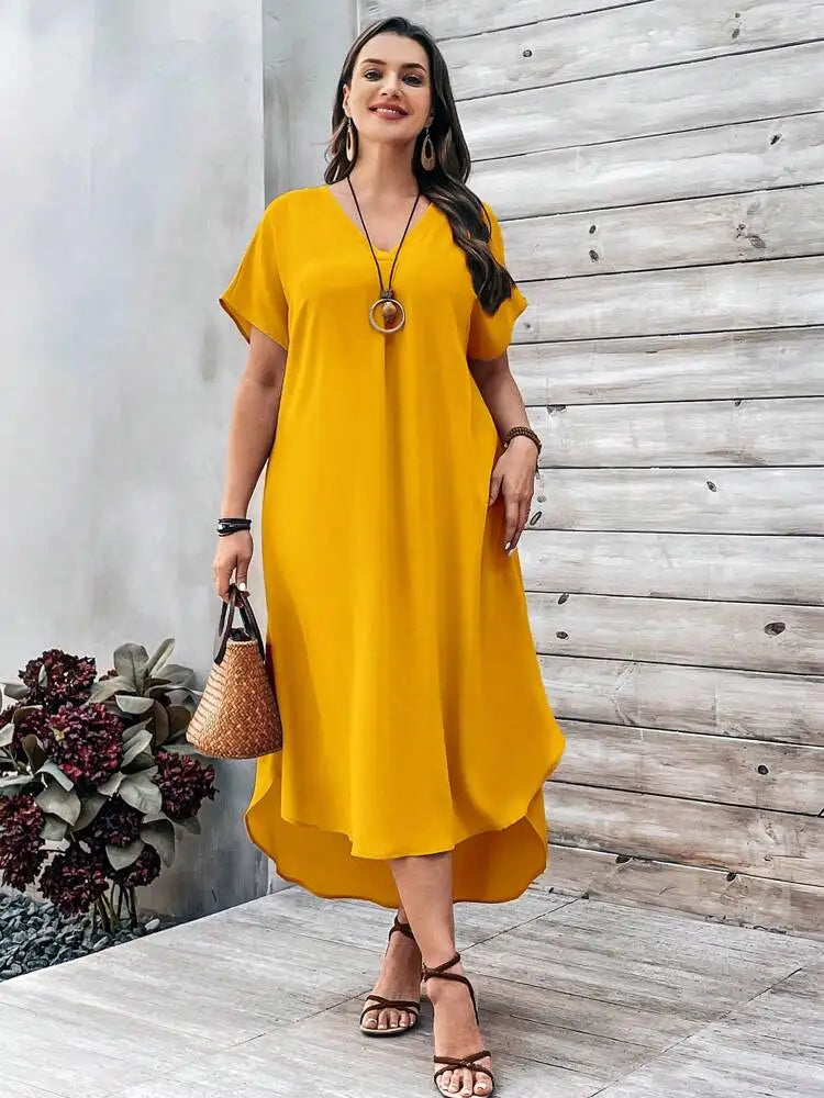 2024 Spring and Summer Cross border European and American New Large Women's Fashion Casual V-neck Dress for Women Plus Size