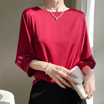 2025 New In Summer Satin Silk Half-Sleeve Tee Tops Basic Solid Women‘s T-Shirt Casual O-neck Thin Shirts Ladies Loose Blouses