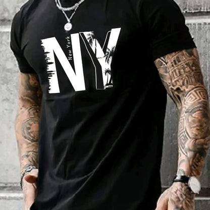 Summer men's 100% pure cotton casual loose plus size NY letter printed sports comfortable round neck short sleeved T-shirt top
