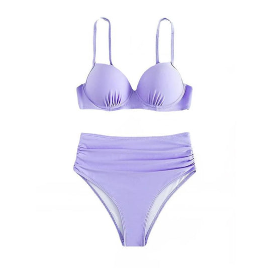 Solid Ruched Bikini Swimsuit High Waisted Women Sexy Red/Purple Two-Piece Bikini Set 2024 Summer New