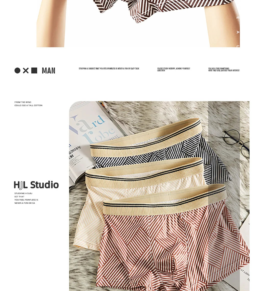 3PCS/Pack Fashion Striped Ice Silk Cool Breathable Men's Panties Comfortable Crotch Boxers Man High Elastic Waistband Underpants