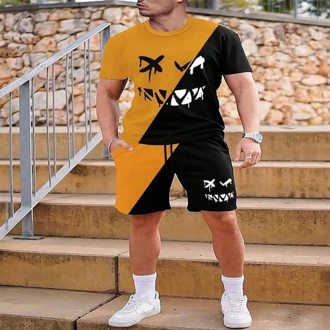 2025 urban street fashion trend men's round neck short sleeved set, outdoor simple round neck top, casual and comfortable shorts