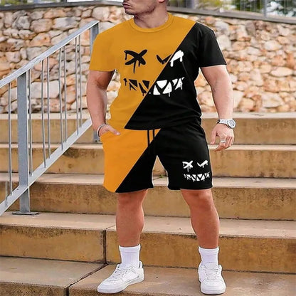 2025 urban street fashion trend men's round neck short sleeved set, outdoor simple round neck top, casual and comfortable shorts