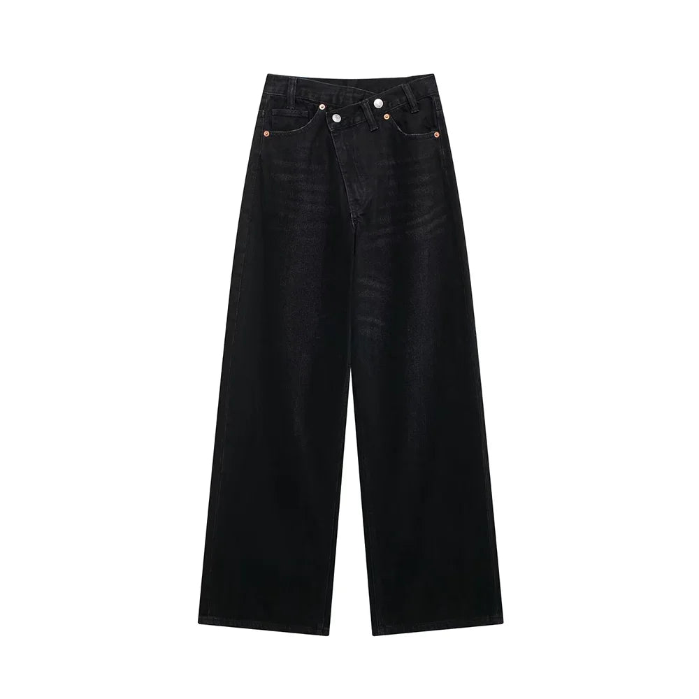 TRAF Women's Basic Hundred Jeans New Fashion Asymmetric Design High Waist Wide Leg Trousers Casual Women's Straight Leg Jeans