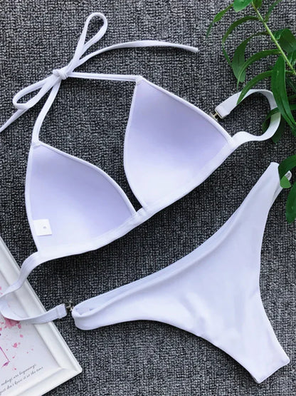 2025 Halter Bra Cup Bikini Sexy Swimsuit Female White Swimwear Women Push up Bikini set Brazilian Bathing Suit Bandeau Swim suit