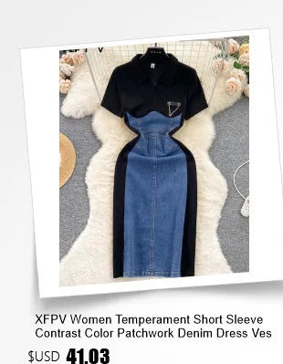 XFPV 2025 Summer Fashion Short Sleeve Round Neck High Waistband Slim A-line Denim Printed Patchwork Dress For Women SM11498