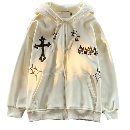 American Style Trendy Brand Embroidered Sport Jacket Oversize Couple Top Cardigan Hooded Sweatshirt Men Spring Autumn Casual Loo