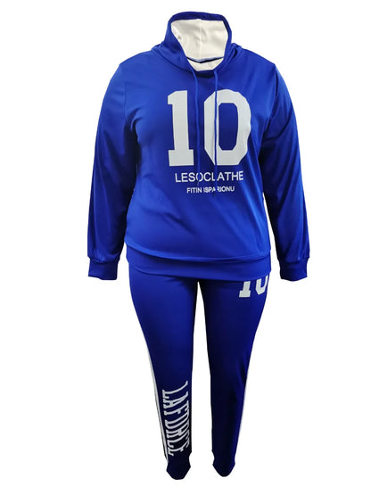 5XL LW Plus Size Autumn&Winte Letter Print Regular Striped Long Sleeve Basic Sporty Fashionable Turtleneck Hooded Blue Pants Set