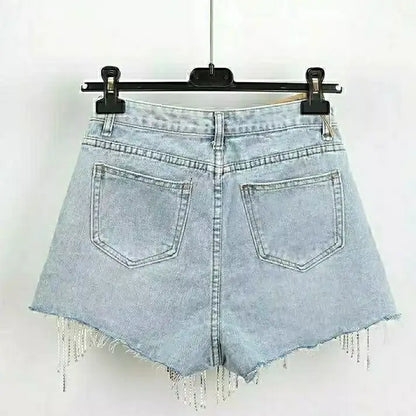 Chain Jeans Women's 2022 Summer New High Waist Slim Sexy Shorts Heavy Beading Ladies Denim Shorts Women Fashion