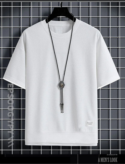 1pcs Men Summer T-Shirt Man Short Sleeved Waffle Solid T-Shirt Male Solid Color Casual Tee Round Men's Round Neck Fashion Top