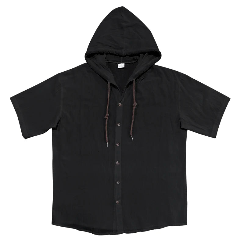 Summer cotton linen men's short sleeved shirt in US size solid color hooded casual T-shirt plus size men's clothing