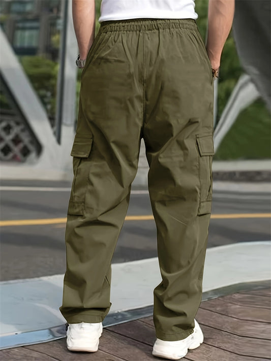 2024 Spring/Summer New Men's Fashion Casual Pants Solid Color Drawstring Multi Pocket Sports Running Straight Work Pants