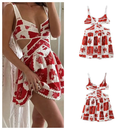 American retro suspender dress for women summer new style bohemian style waist hollow A-line short skirt