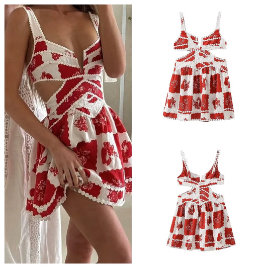 American retro suspender dress for women summer new style bohemian style waist hollow A-line short skirt