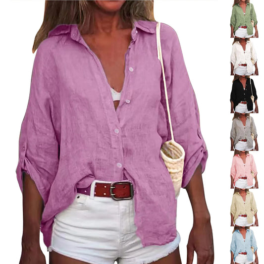 Summer Plus Size Cotton Linen Solid Color Seven-Point Sleeve Shirt V-Neck For Ladies Loose Casual Lightweight Camisas De Mujer