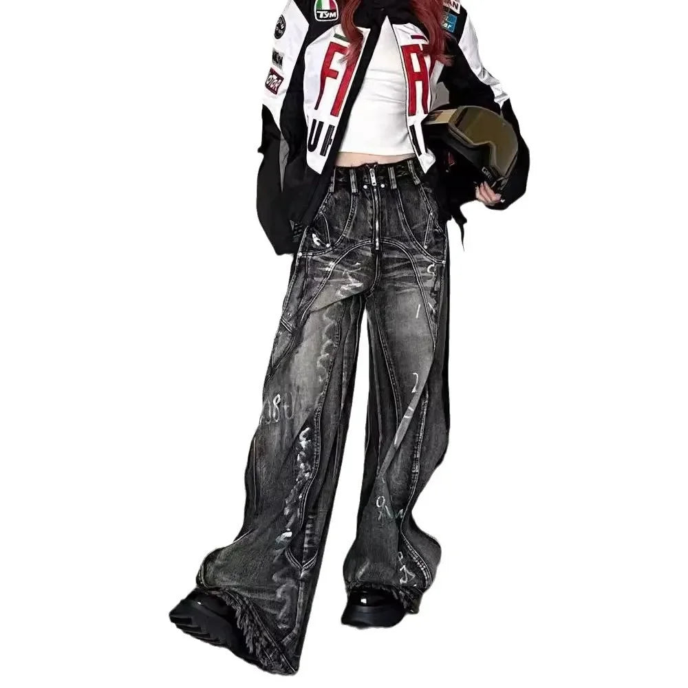 American Style Vintage Wide Leg Jeans For Men And Women Heavy Duty Ribbon Embellishment Hip Hop Sensibility Casual Pants