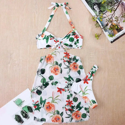 3Pcs/Set Women Swimwear Halter With Skirt Push Up Swim Pool Matching Sexy High Waist Thong Bikinis Set Water Sports Accessory