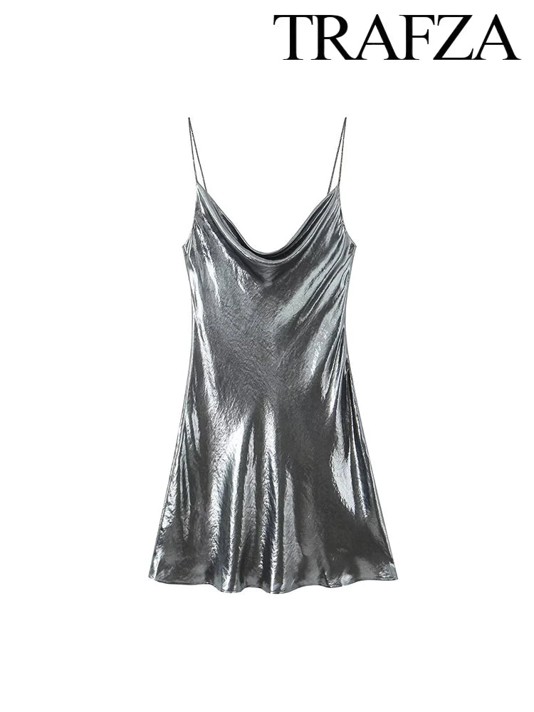 TRAF Women's Metallic Colour Glitter Dress Sexy Backless Sleeveless Spaghetti Strap Dresses Party Bar Sleeveless Short Dresses