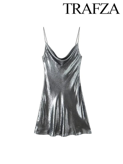 TRAF Women's Metallic Colour Glitter Dress Sexy Backless Sleeveless Spaghetti Strap Dresses Party Bar Sleeveless Short Dresses