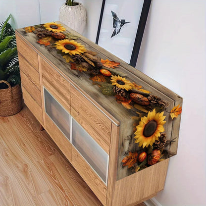 1 Piece of Autumn Pastoral Style Table Runner, Imitation Wood Base with Sunflower, Pine Cone and Autumn Leaf Pattern, Suitable for Harvest Festival Parties, Pastoral B&Bs, Autumn Weddings, Handicraft Markets, Cafe Decorations
