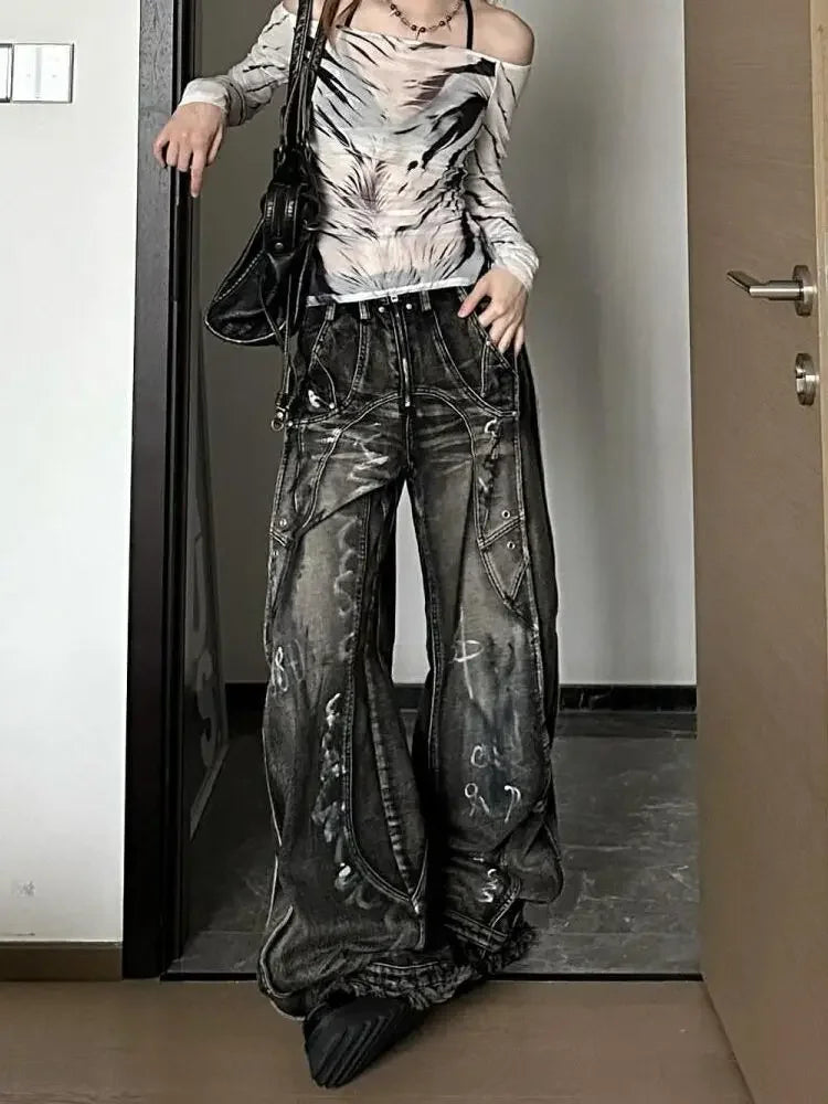 American Style Vintage Wide Leg Jeans For Men And Women Heavy Duty Ribbon Embellishment Hip Hop Sensibility Casual Pants