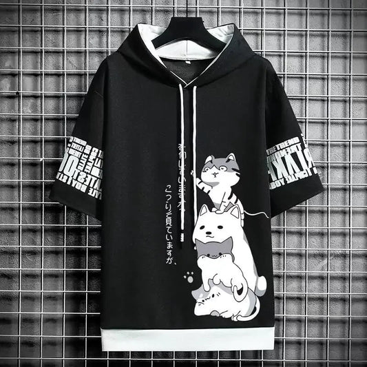 Summer T shirt Men's Hoodies Men Clothing Casual Harajuku Streetwear Print Hooded Top Short Sleeve Sweatshirts Men