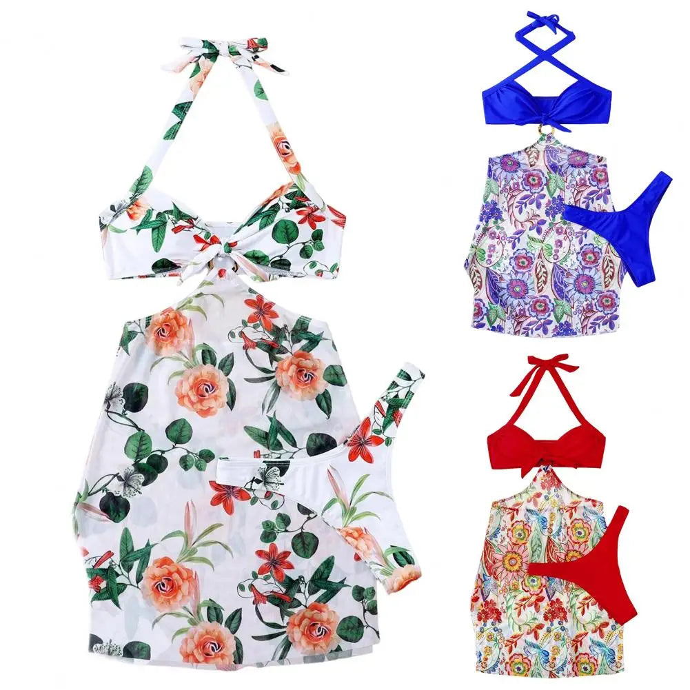 3Pcs/Set Women Swimwear Halter With Skirt Push Up Swim Pool Matching Sexy High Waist Thong Bikinis Set Water Sports Accessory
