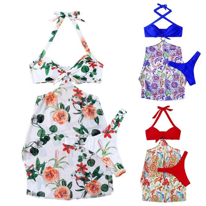3Pcs/Set Women Swimwear Halter With Skirt Push Up Swim Pool Matching Sexy High Waist Thong Bikinis Set Water Sports Accessory