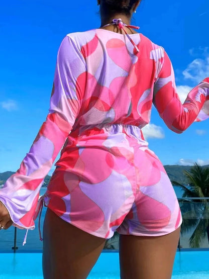 3 Pieces Triangle Halter String Bikini Long Sleeve Swimsuit Women Swimwear Female Bathers Bathing Swimming Swim Suit