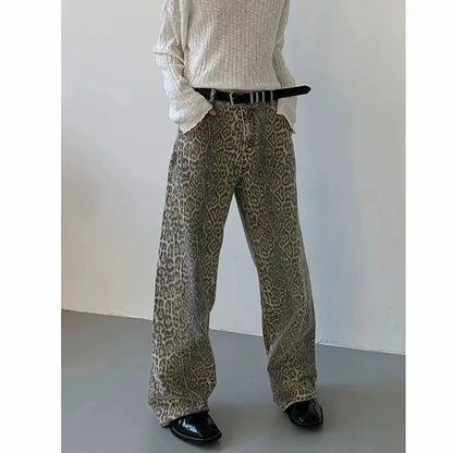 Women's Jeans Leopard High Waist Hip Hop Straight Fashion Pants Streetwear Harajuku Y2K Style Female Wide Leg Denim Trousers