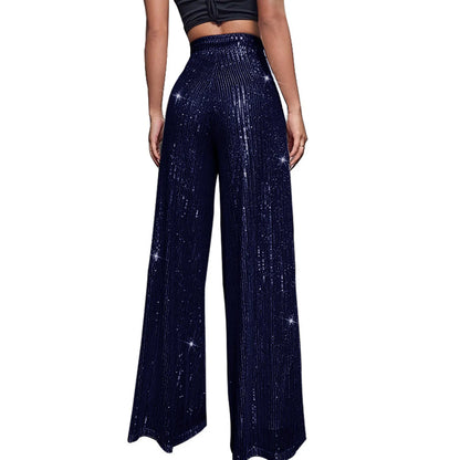 Women's Fashion Solid Color High Waist Sequin Side Zipper Draped Wide Leg Pants Pants for Women Women’s Pants Women’s Pants 2024