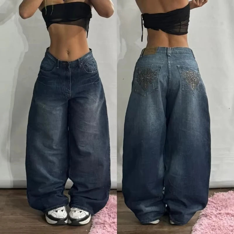 Streetwear Fashion New Letters Embroidered Washed Baggy Jeans Women Y2K Harajuku Gothic Hiphop Popular High Waist Wide Leg Pants