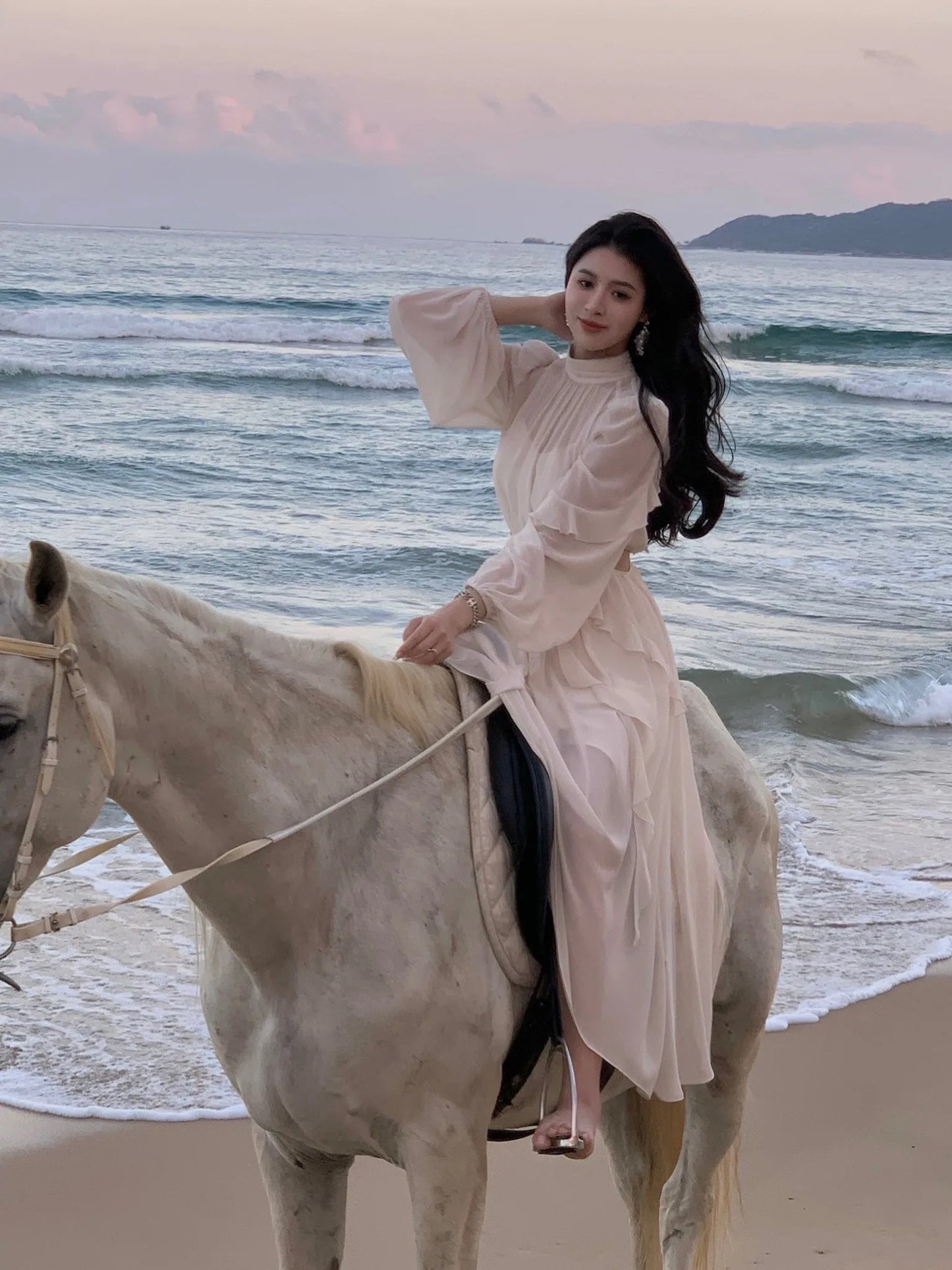 Beach Style Chiffon Y2k Mini Dress Office Lady Casual Long Sleeve Elegant One Piece Dress Korean Fashion Clothing Summer 2023