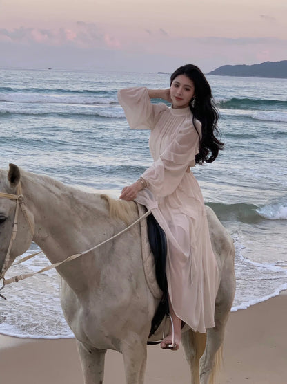 Beach Style Chiffon Y2k Mini Dress Office Lady Casual Long Sleeve Elegant One Piece Dress Korean Fashion Clothing Summer 2023