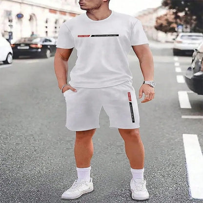 2025 urban street fashion trend men's round neck short sleeved set, outdoor simple round neck top, casual and comfortable shorts